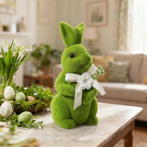 Lapin de Pâques flocké pour cabinet et entrée, statuette décorative aspect mousse
