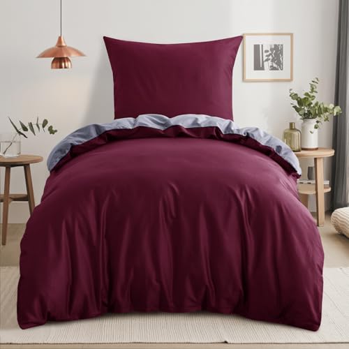 RUIKASI Parure de lit réversible 140 x 200 cm en coton rouge - 2 pièces - Avec fermeture éclair - Housse de couette bicolore 140 x 200 cm - Bordeaux et gris en coton