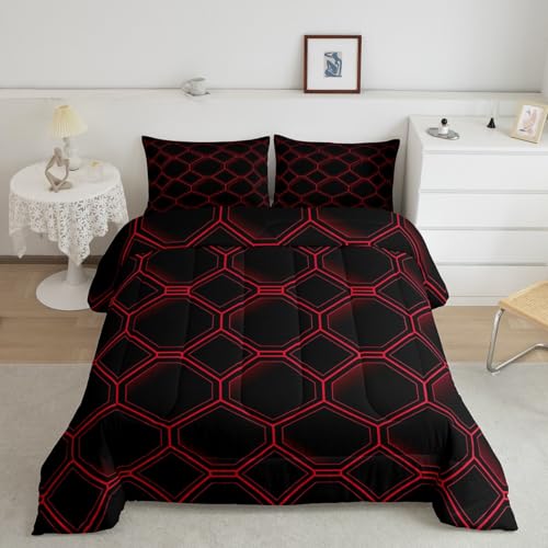 Erosebridal Honeycomb Twin Bedding Sets for Boys Kids,3D Stereoscopic Red and Black Hexagon Quilt Reversible Geometric Hexagonal Beehive Comforter Set,Abstract Art Geometry Room Decor