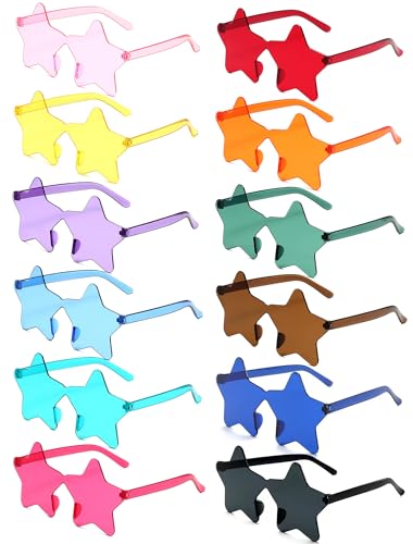WNSIRVY 12 Pairs Rimless Star Shaped Sunglasses, Transparent Candy Color Star Glasses Bulk - Fun...