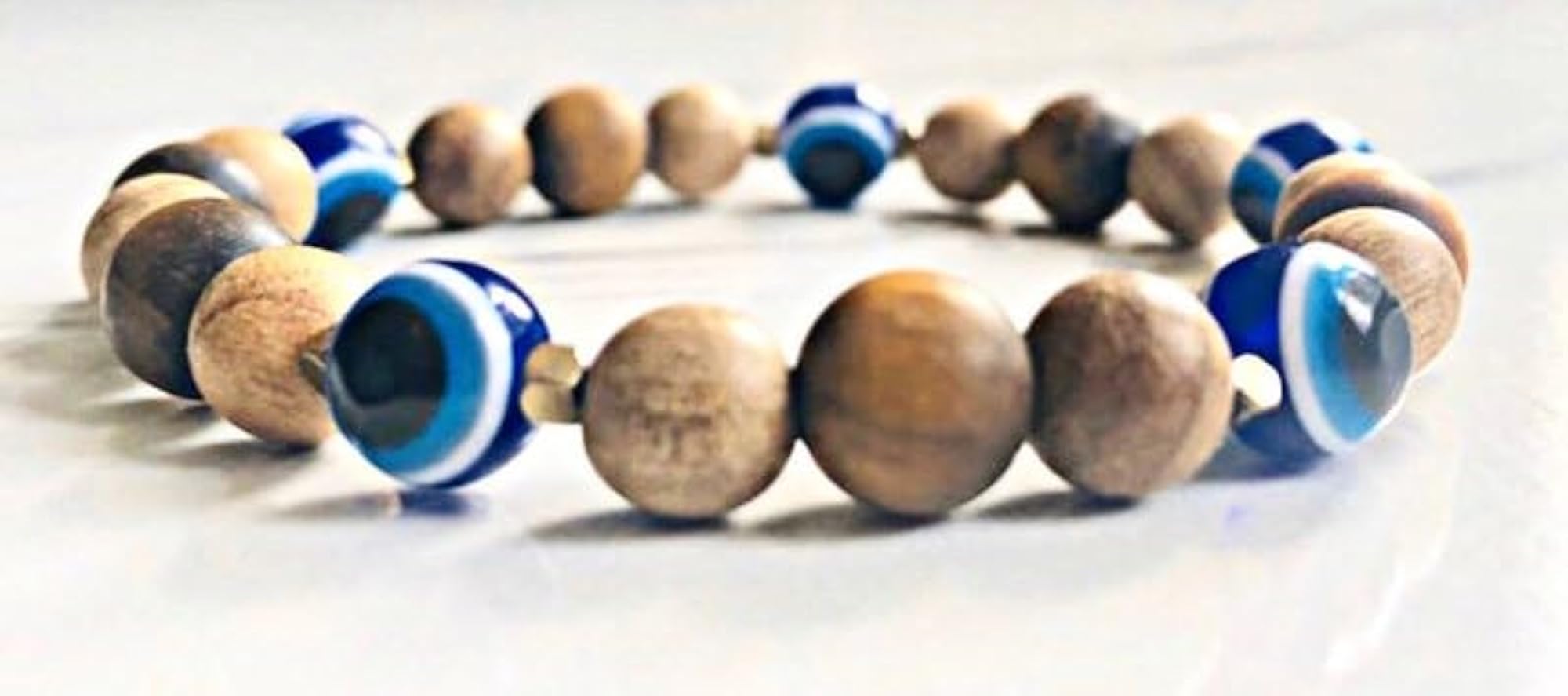 Natural Sandalwood & Evil Eye 8mm Bead Stretchable Bracelet, Unisex Healing