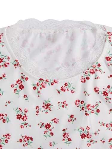 Image of RoseSeek Girl's Ditsy Floral Print Lace T Shirt Short Sleeve Ribbed Ruched Cute Tee Shirts Summer Tops