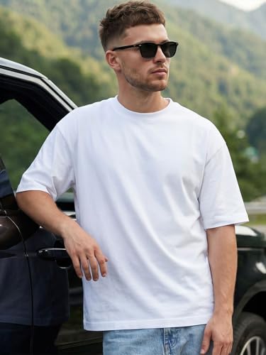 Image of Bewakoof Men's Solid Oversized Fit Half Sleeve Round Neck Cotton T-Shirt