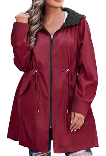 Image of AOVDE Womens Plus Size Rain Jacket with Hooded Reversible Lightweight Raincoat Hiking Coat Waterproof Windbreaker for Women Wine Red 24