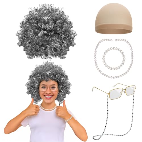 Huskein Old Lady Costume for Kids, 100th Day of School Cosplay Black White Curly Wig Glasses Wig Cap Necklace Bracelet Accessories