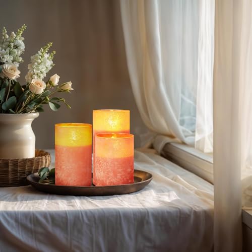 Image of Flameless Candles with Remote Orange Candles Battery Operated Set of 3 | Glass Real Wax Battery Operated LED Pillar Candles with Timer Remote for Bedroom Home Holiday Decor Halloween Decorations