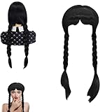 Perücke Schwarz,Halloween Perücke Mit Pony, Damen Kinder Lang Zöpf Synthetische Kunsthaar,Für Halloween Party