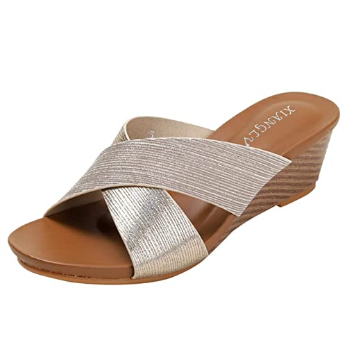 XIANGLV Sandales compensées bohème ethniques à bout ouvert pour femme - Semelle épaisse avec sangle croisée - Bout ouvert - Chaussures réfléchissantes, doré, 41 EU Cover