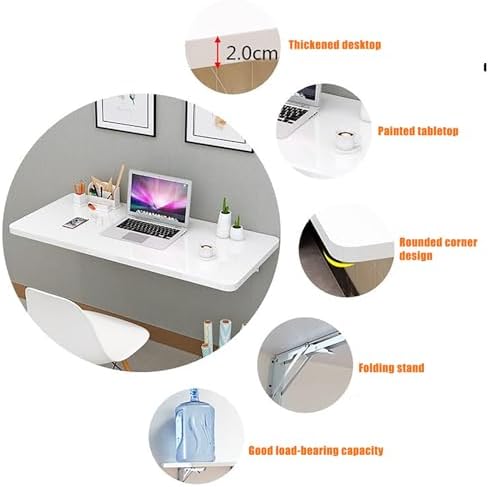 Space-Saving Wall-Mounted Folding Table - Sturdy White Drop-Down Desk with Steel Brackets, High Load Capacity, Ideal Laptop Workbench for Small Home Office & Bar (47x20in)