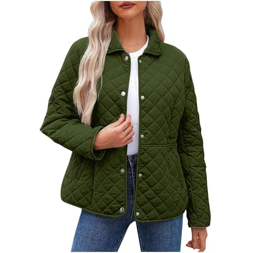 fnnxeal Quilted Jackets for Women Lightweight Long Sleeve Button Down Puffer Jacket Oversized Casual Winter Coats with Pocket winter coats for women puffer Army Green M