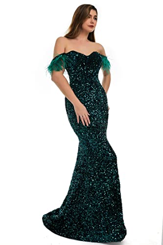 Sequins Velvet Mermaid Prom Dress Off Shoulder Feather Sleeves Sweetheart Neckline Evening Dress