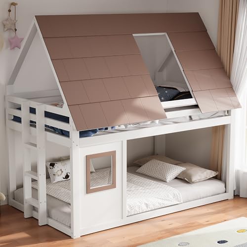 Yihomfy - Litera infantil de 90 x 200, cama media altura adolescente con techo y ventana diseño, escalera y barrera seguridad, estructura de pino reforzada, para niños y niñas, color blanco