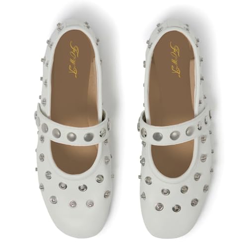 FOWT Women Fashion Round Toe Studded Ballet Flats Single Strap Comfortable Mary Jane Flats Ballroom Party Prom Dating Shoes Size 4-16 US4