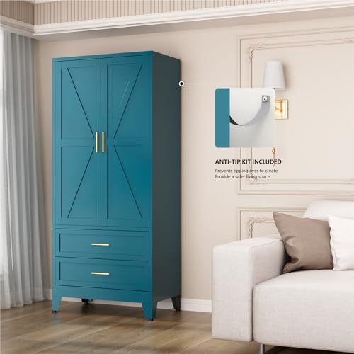 Image of Blue Metal Wardrobe Closet, Armoire Wardrobe with Two Drawers Clothes Cabinet for Bedroom, 71 inch Tall Farmhouse Steel Armoire Closet with Drawers and 2 Doors Clothing Storage Cabinet with Hanging Rod