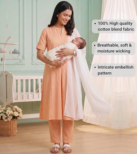 Image of DUMMY SHAPE Feeding Dresses for Women Full Set | Cotton Blend Maternity Kurta Pant Suit with Dual Nursing Zippers, Side Pocket to Pre & Post Pregnancy | Mom to Be Gifts