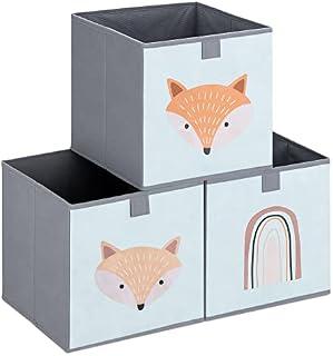 Navaris Kids Storage Cubes (Set of 3) - Storage Boxes 11x11x11 with Animal Designs - Children's Cube Bins Fabric Organizer Bin - Green Fox