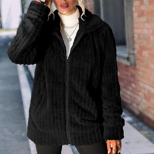 Women's Fleece Jacket Women Full Zip Long Sleeve Lapel Collar Sherpa Coat Outerwear with Pockets (S-5XL)2