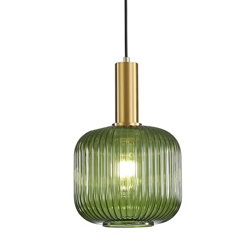 HJXDtech Lampadario a sospensione industriale vintage in vetro a coste, lampada da soffitto moderna in ottone lucidato retrò per cucina salone camera da letto (Verde, 20cm)