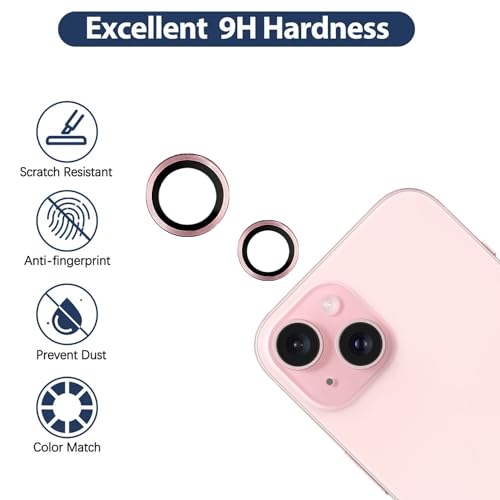 Image of Camera Lens Protector for Apple iPhone 15 | 9H Hardness, Full Coverage Camera Metal Ring Ultra-Thin /Clear (Pink)