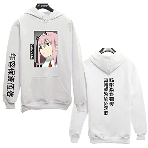 Moletom Canguru Unissex Anime Zero Two Darling Frente Costas (Branco, P)