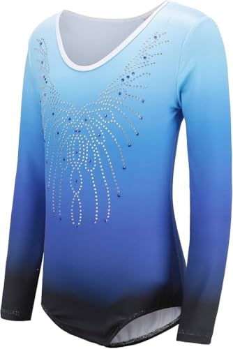 Kiscorpse Dreiteilige Gymnastikanzug Mädchen Turnanzug Leotard Set mit Turnshorts und Haarband, Langarm Ballettröckchen Kleid Trikotanzug Outfit Set (Blau-Langarm, Tag 10A(9-10 Jahre))