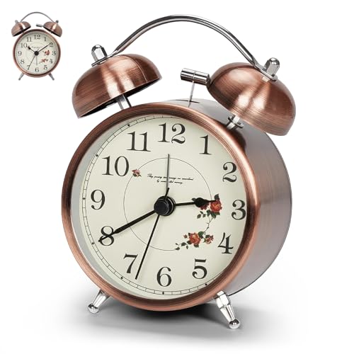Retro Alarm Clock, Alarm Clocks Bedside with Twin Bell and Large Digits for Heavy Sleepers, Non Ticking Silent Alarm Clock, Loud Alarm Clock with Night Light for Bedroom Office, No Included Battery