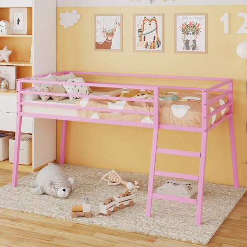 Lutown-Teen Metal Loft Bed with Stairs and Guardrail for Juniors,