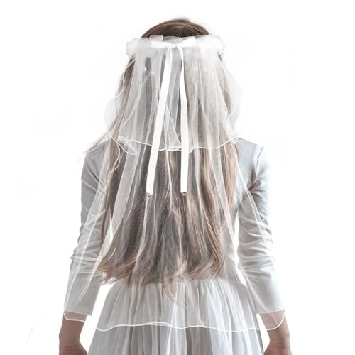 First Holy Communion Veil for Girls Catholic, White Pearl Flower Girl Veils Lace First Communion Headpiece for Girls4