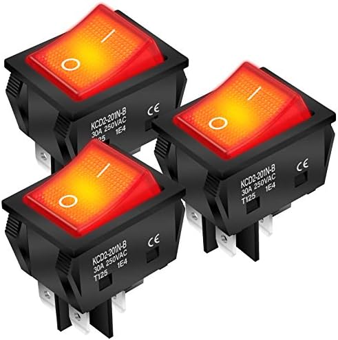 DaierTek 30A 250V KCD2 KCD4 Rocker Switch DPST 4 Pin Red Lighted 120V Rocker Toggle Switch ON Off Heavy Duty T125-3Pack