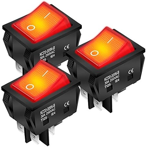 DaierTek 30A 250V KCD2 KCD4 Rocker Switch DPST 4 Pin Red Lighted 120V Rocker Toggle Switch ON Off Heavy Duty T125-3Pack Cover