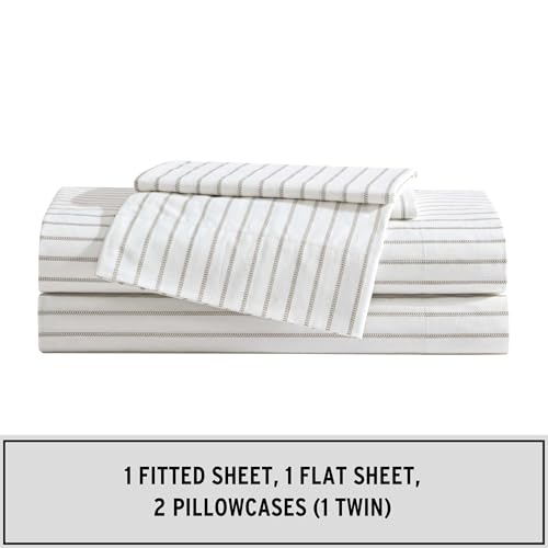 Image of Eddie Bauer - King Sheet Set, Cotton Percale Bedding Set, Super Soft and Bedding Set, Oeko-Tex Certified (Essential Stripe Beige, King)