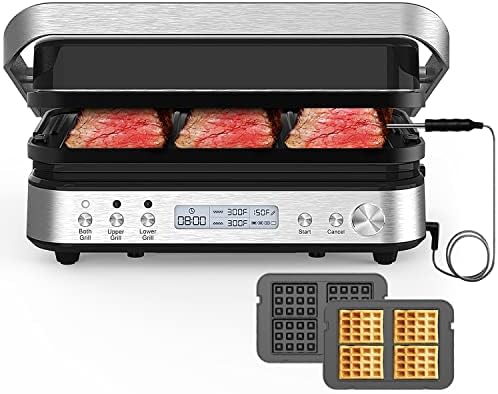 6 in 1 Indoor Grill with Waffle Plates, Panini Press Grill Sandwich Maker, CATTLEMAN CUISINE Electric Contact Grill and Griddle with Removable Nonstick Grill Plates, Smart Probe, LCD Display, 1600W