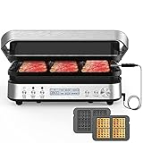 6 in 1 Indoor Grill with Waffle Plates, Panini Press Grill Sandwich Maker, CATTLEMAN CUISINE Electric Contact Grill and Griddle with Removable Nonstick Grill Plates, Smart Probe, LCD Display, 1600W