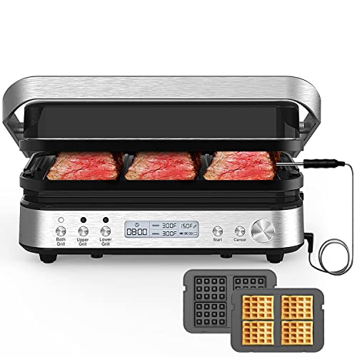 6 in 1 Indoor Grill with Waffle Plates, Panini Press Grill Sandwich Maker, CATTLEMAN CUISINE Electric Contact Grill and Griddle with Removable Nonstick Grill Plates, Smart Probe, LCD Display, 1600W -  CTMCS-US-LS-GC02F-H