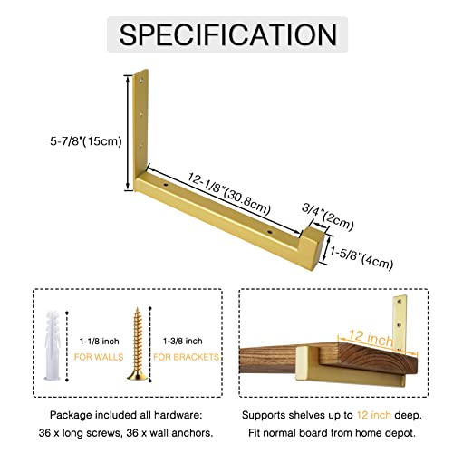 Ovov 6 Pack Metal Shelf Brackets Industrial Floating Shelf Bracket Wall Mounted Decorative（Gold 12"） #TOP1