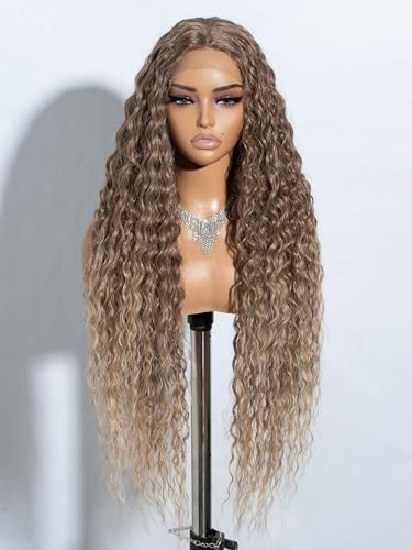 Joedir 32" Long Deep Curly Wavy Lace Front Synthetic Wigs HD Transparent Glueless Lace Wig Heat Resistant Fiber Pre Plucked Hairline with Baby Hair Wig for Women(Ombre Dirty Blond Color)