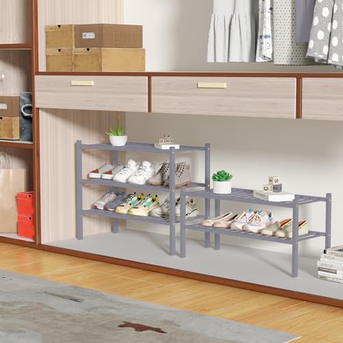 3 Tier Bamboo Shoe Rack for Closet Free Standing Wood Shoe Shelf Storage Organizer for Entryway Small Space Stackable 27"x11"x20" (Grey)