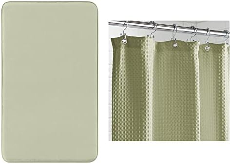 Memory Foam Bath and Waffle Shower Curtain, Bath Size 42x24, Washable, Absorbent, Waffle Shower Curtain Size 72x72, Thick Weighted Fabric, Both in Sage, 2 Item Bundle