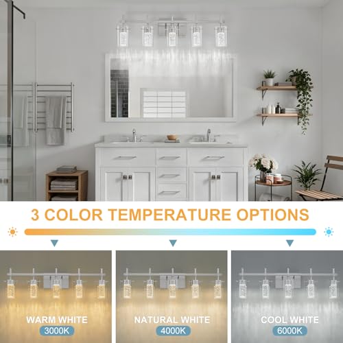 Liilokte Vanity Light with 3 Color Modes (3000K/4000K/6000K), Eye Protection LED Bathroom Light Fixture, Dimmable Modern Wall Light Over Mirror with Clear Glass Shade (Brushed Nickel, 5-Light) by Liilokte - Used condition - Image 4