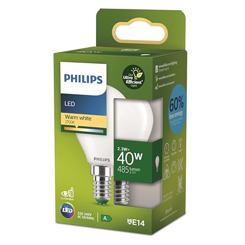 Philips Classic ultra-efficient LED bulb with energy efficiency class A, E14 base, replaces 40W, frosted, cool white light, drop shape