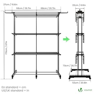 VOUNOT® 2 in 1 Stendino Verticale Salvaspazio Allungabile, 3 Livelli Stendibiancheria a Torre Pieghevole con Ruote, 12 Ali e 2 Bracci Estensibili per Interno ed Esterno, Nero