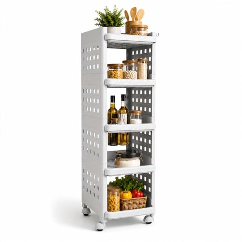 Image of LEOPAX 5 Tier Multi-Purpose Storage Rack Stackable Shelf Utility Rolling Stand Rack | Storage Organizer Racks with Wheels for Kitchen Laundry Room Bathroom Office Home - Grey (28 x 33 x 94cm)