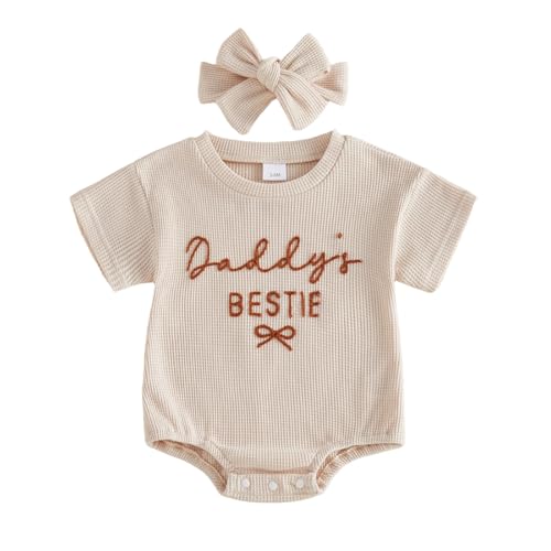 Aiwpstoin Baby Girl Clothes Daddys Girl Outfit Cute Letter Embroidered Waffle Bubble Romper Onesie Tee Shirt (Apricot, 3-6 Months)