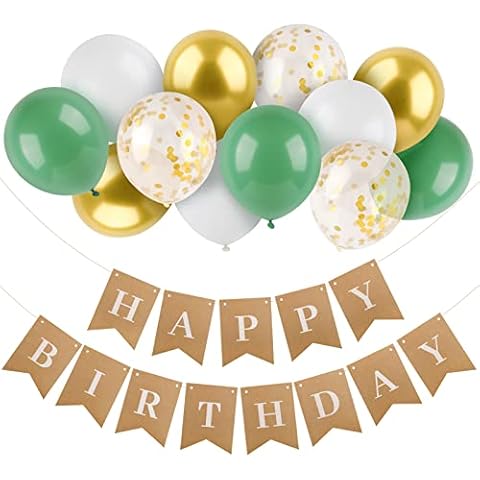 13pcs Happy Birthday Banner Birthday Bunting with Balloons Sage Green Gold Birthday Decorations Confetti Balloons with Ribbon for Birthday Party Decorations Garden Cover