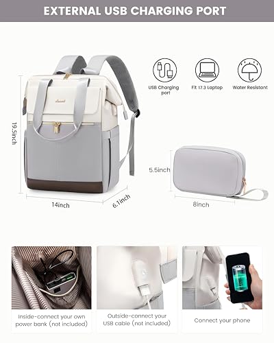 Image of LOVEVOOK 17.3 Inch Laptop Backpack for Women, Large Capacity Travel Backpack with Organizer Bag, Waterproof Carry on Backpack Work Bag with USB Port, Teacher Nurse Backpack Purse,2PCS,Beige-Light Grey