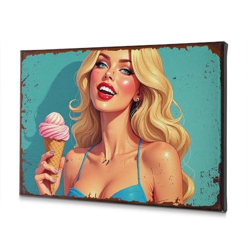 Tableau décoratif sur toile de femme avec glace rose décoration murale 40x60cm