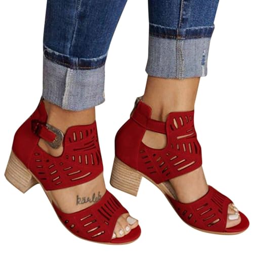 Women Sandal Heels,Women's Fashion Hollow Out Peep Toe Thick High Heel Shoes Solid Buckle Casual Dressy Sandals3