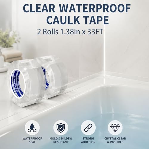 Image of ZOMPAGO Caulk Tape 2Roll,1.4in X 33FT Clear Waterproof Self Adhesive Caulking Tape Peel and Stick Caulk Strip for Bathroom Bathtub Toilet Kitchen Vanity Stain Resistant