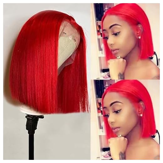 Red Bob Wig Human Hair 150% Density Virgin Human Hair Short Cut 8inches Bleach Knots Silky Straight Bob Wigs for Women Pre Plucked Natural Hairline 13x1x4 Swiss Lace Red Human Hair T Part Wigs