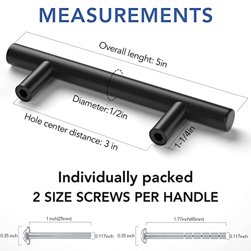 Kmall 30 Pack | 3 Inch Center To Center Cabinet Handles Drawer Pulls For Kitchen Matte Black Cabinet Pulls Stainless Steel, 5" Length (3" Hole Center) Kitchen Cabinet Hardware #TOP1